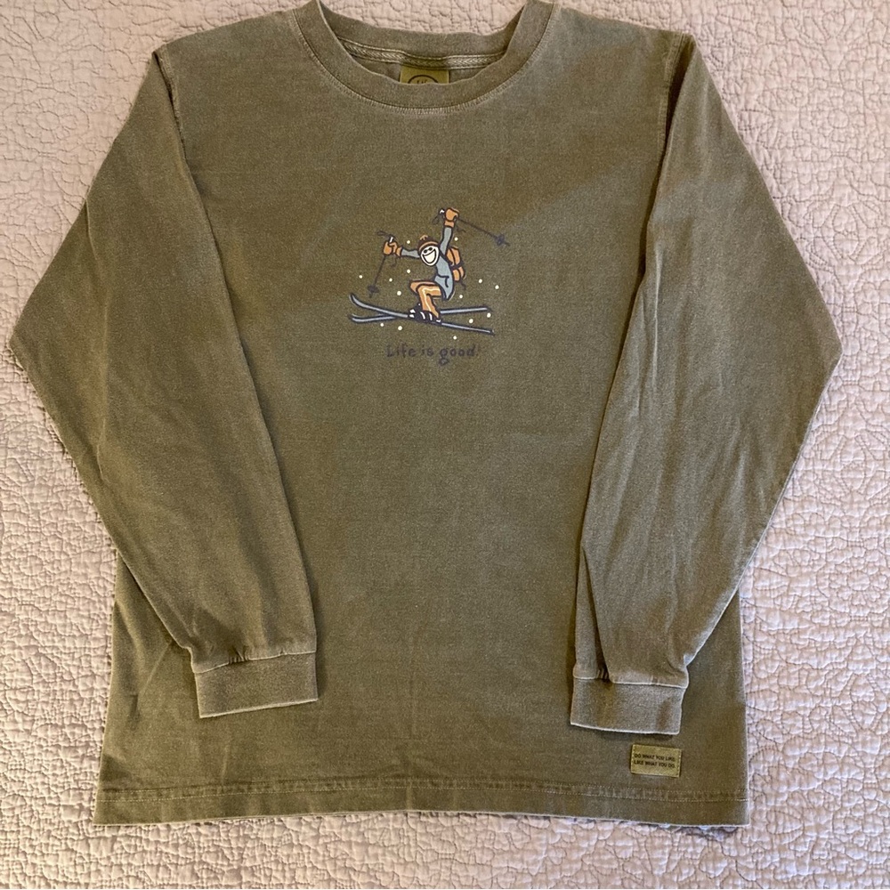 Life Is Good Boys Sz 12 Olive Green Cotton Shirt Skiing Jake Vintage